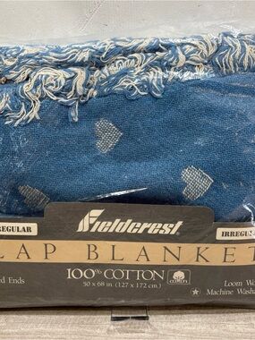 NEW Vintage Fieldcrest Loom Woven Throw Blanket Blue & White 50"x 68" Cotton